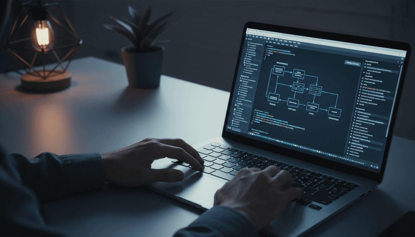 Strategic CTO reviewing technical architecture and system design on laptop