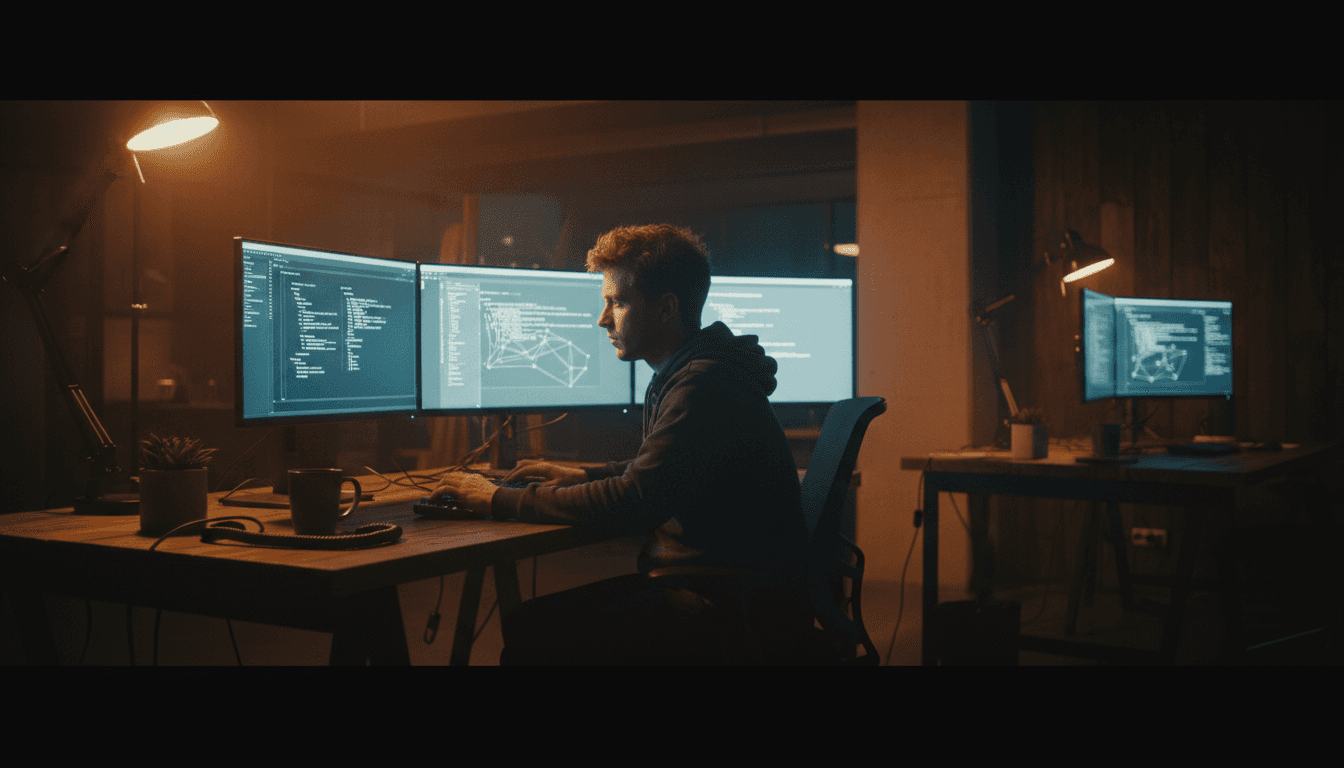 Professional developer working at desk with multiple monitors in a focused modern office environment