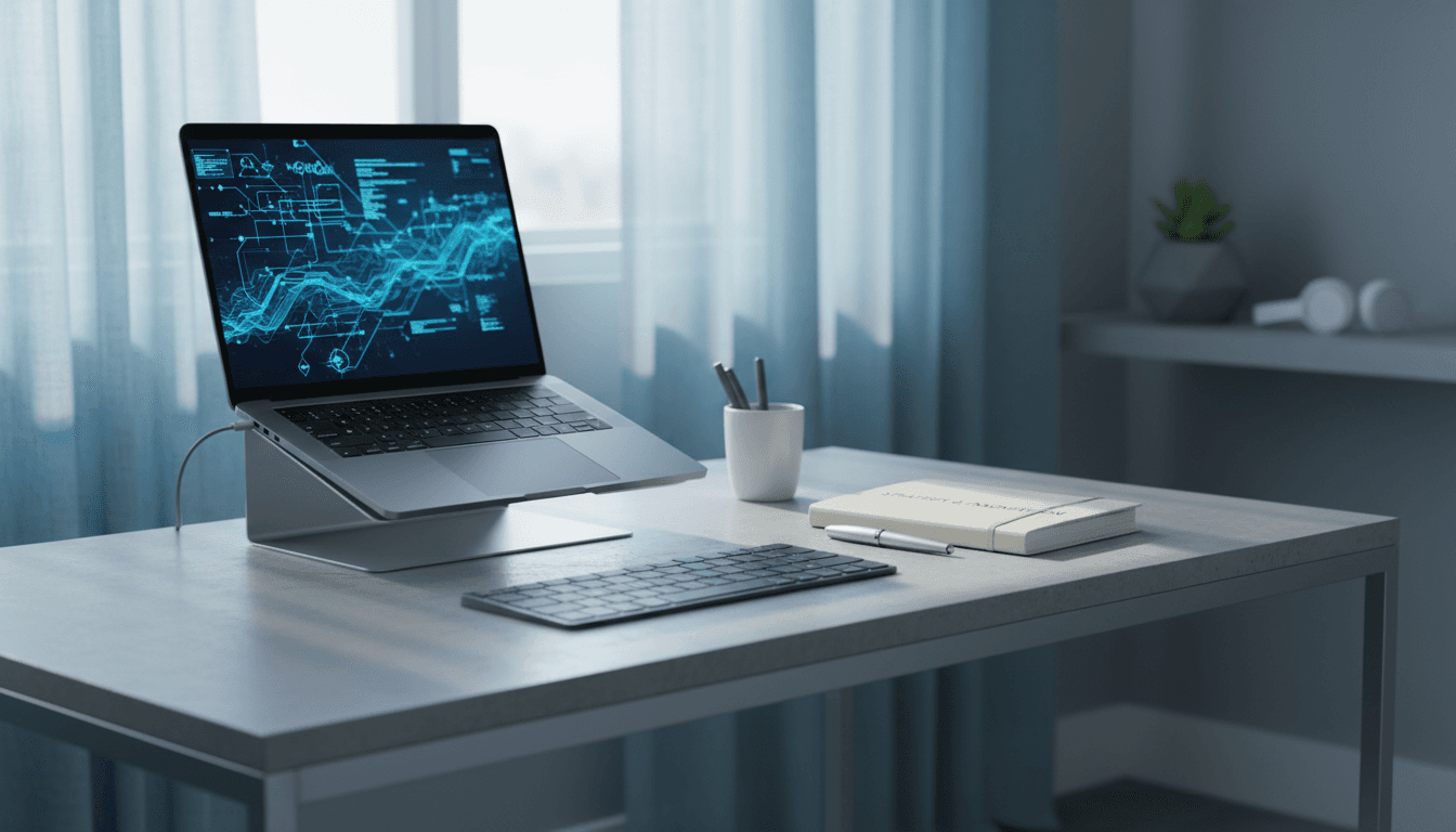 Professional IT consultant workspace with laptop and strategic planning materials