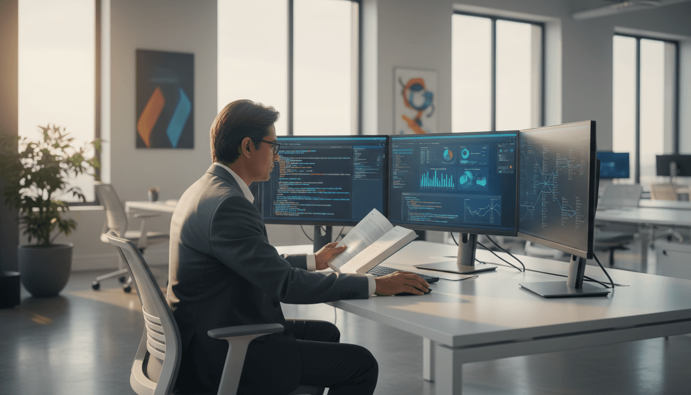 CTO consultant reviewing technical strategy at desk