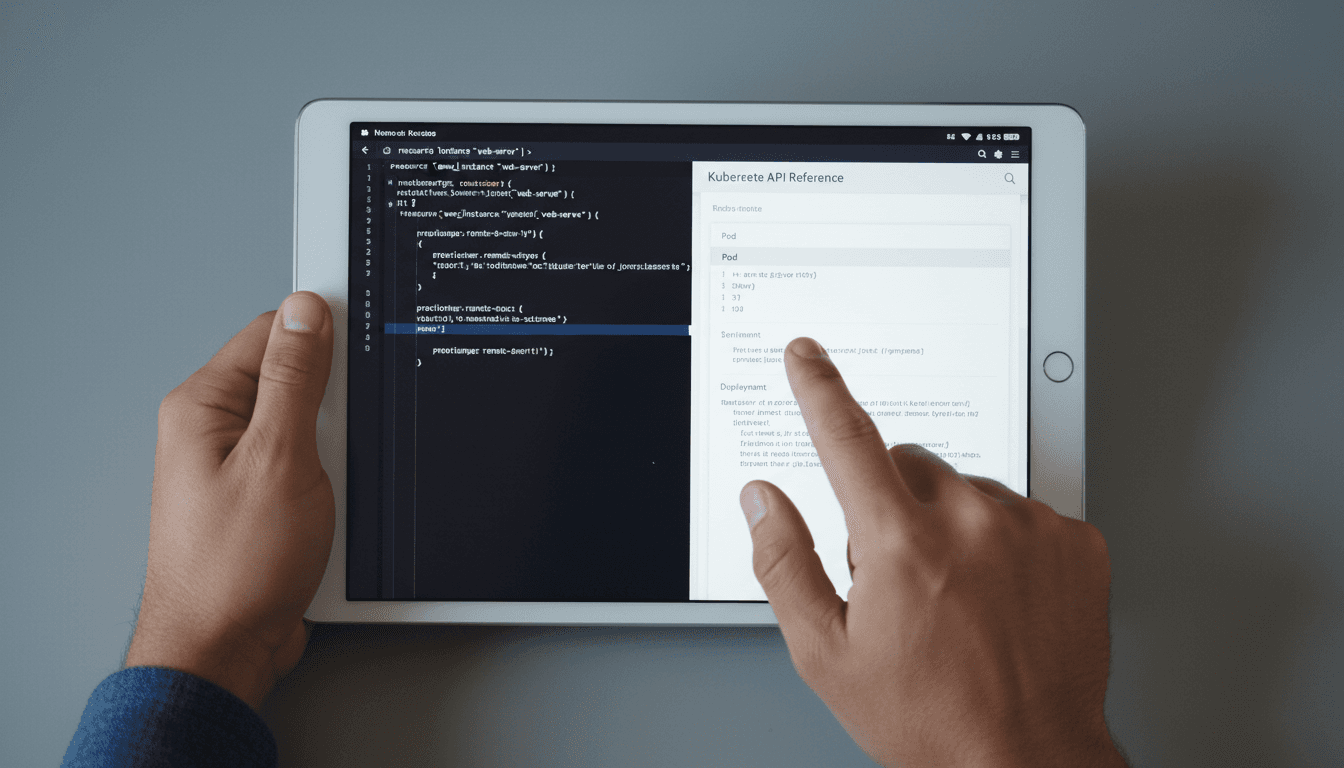 Hands holding tablet with technical documentation and code